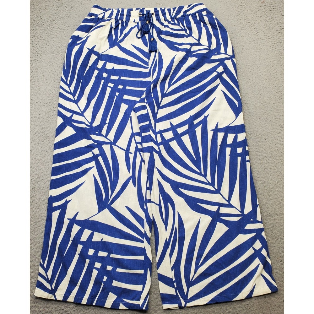 Gemma + Jane Pants Womens XL Multi Leaf Print Linen Blend Elastic Waist Wide Leg